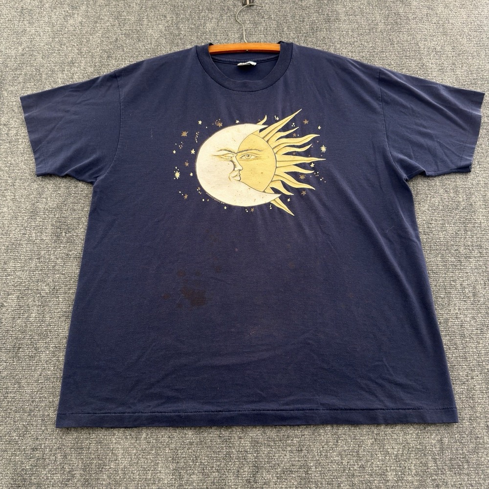 Vintage 90s Sun & Moon Celestial T-Shirt XL Hanes Heavyweight Navy Blue